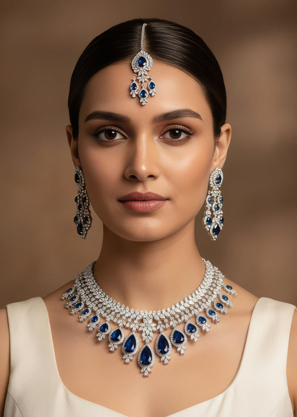 Silver Plated Blue Zircon Short Necklace Set With Dangler Earrings And Maangtikka