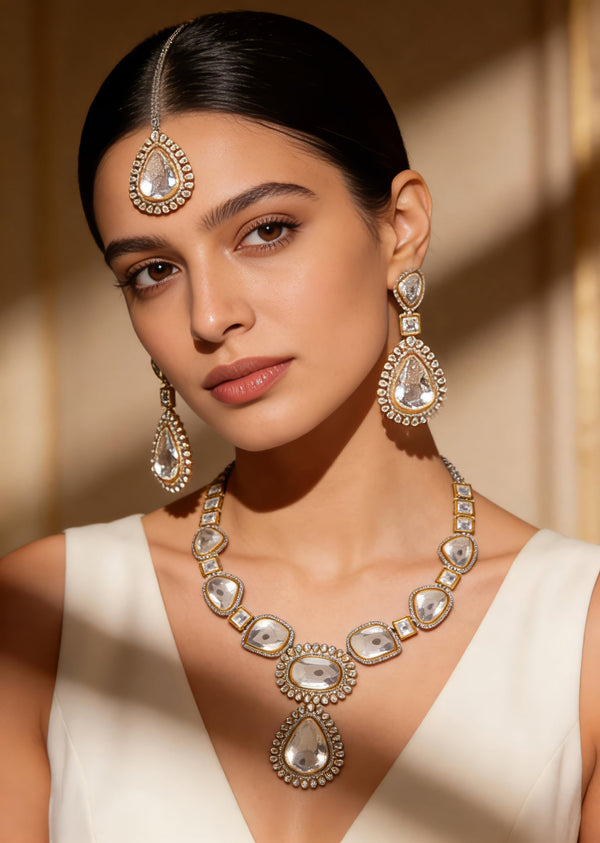 Silver Plated Gold Kundan Short Necklace Set With Earrings