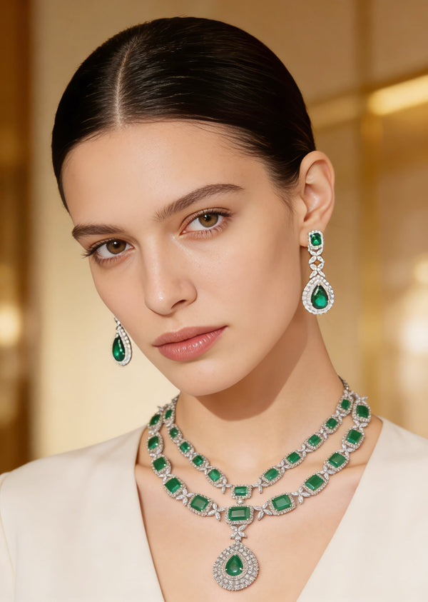 Silver Plated Green Emerald Synthetic Zircon Necklace Set With Earrings