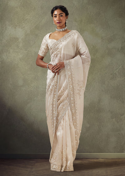 Silver Tissue Organza Saree With Cut Dana And Bead Embroidered Pallu