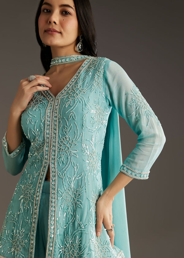 Sky Blue Chinon Front Slit Kurta Palazzo Set With Choker Style Dupatta