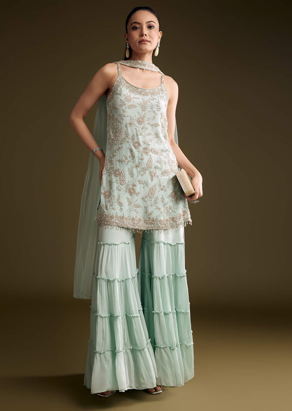 Sky Blue Chinon Sharara Suit With Sequins And Moti