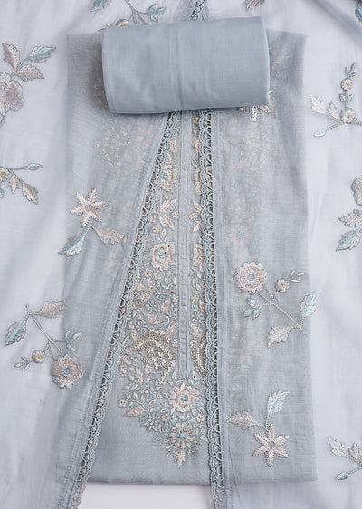Sky Blue Cotton Dress Material Set With Resham Embroidery