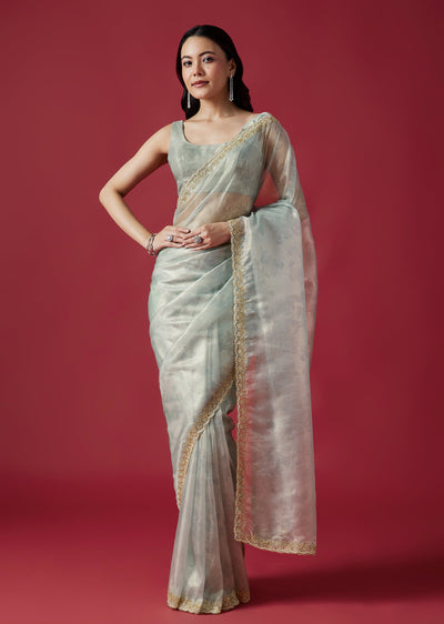 Sky Blue Embroidered Tissue Organza Saree With Scallop Border