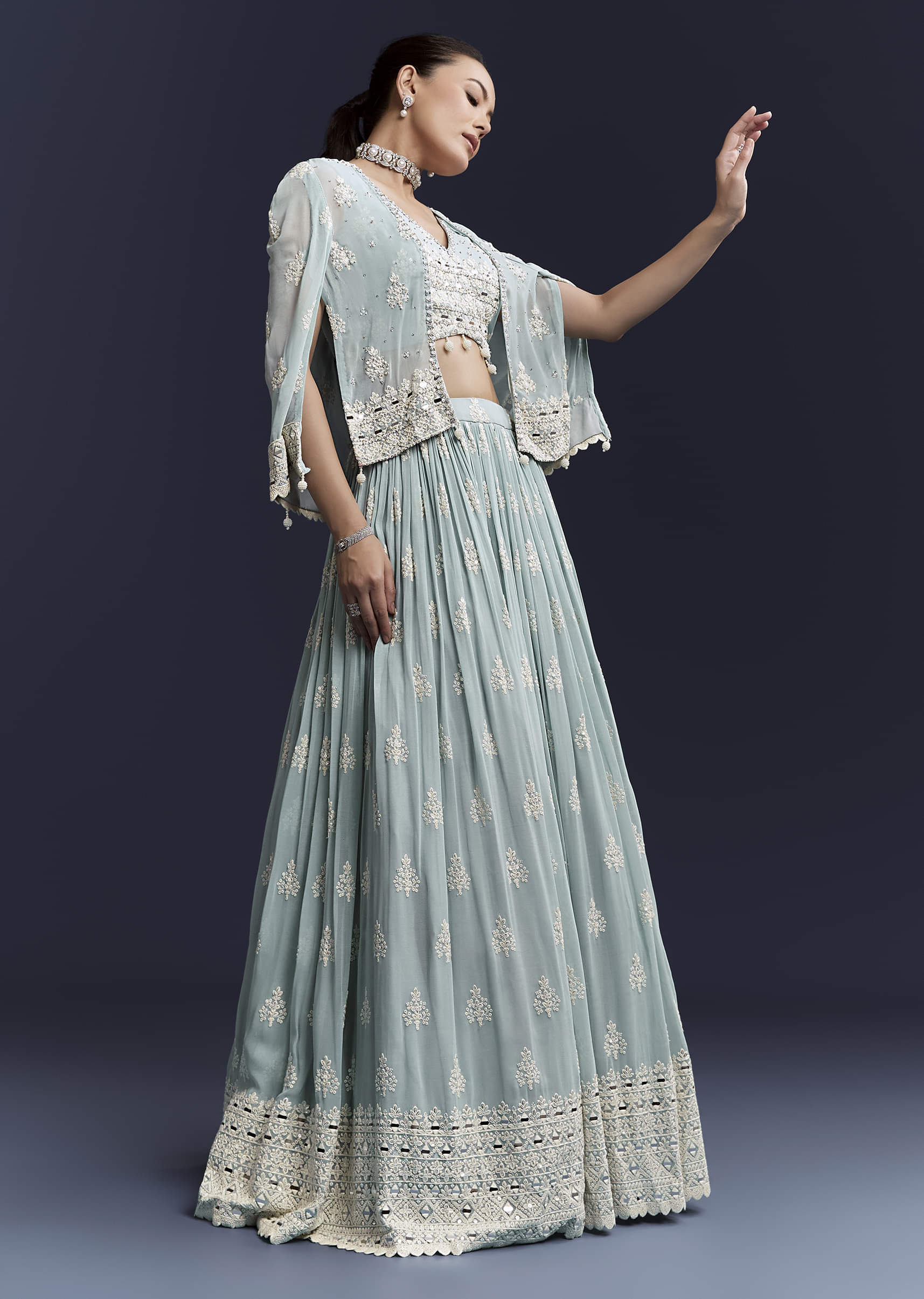 Sky Blue Georgette Bridesmaid Lehenga With Sequins And Thread Embroidery