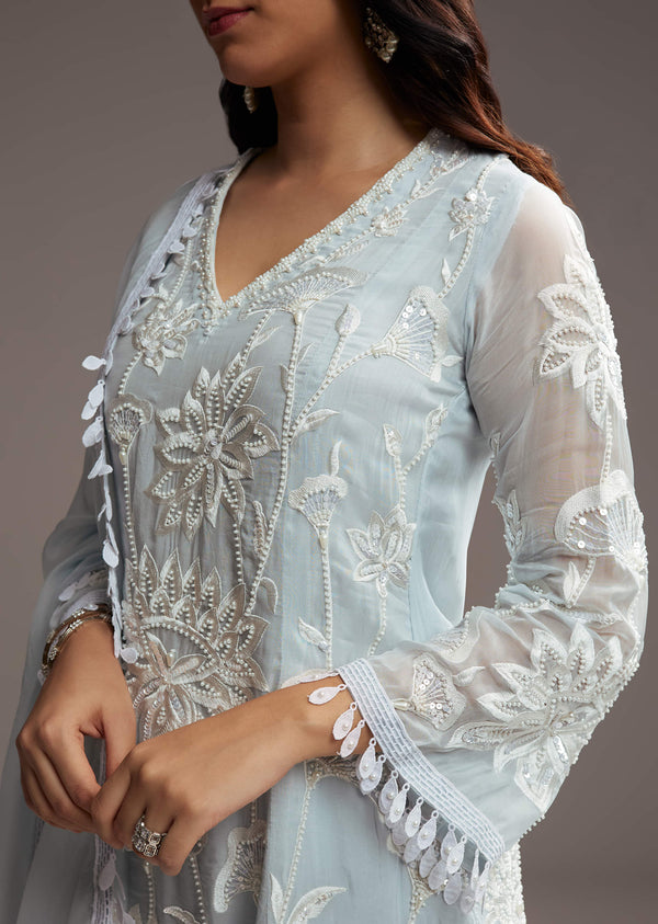 Sky Blue Organza Kurta Set With Resham Work