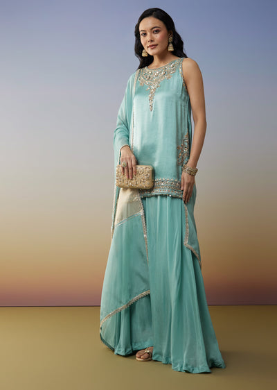 Sky Blue Satin Palazzo Suit with Beads Sequins Work