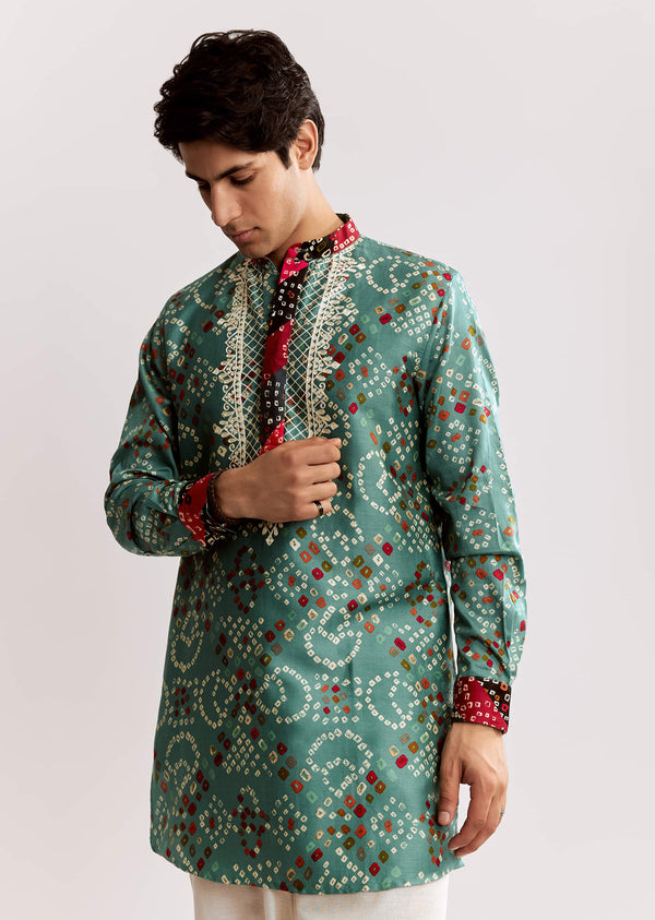 Sky Blue Silk Kurta Set With Bandhani Print