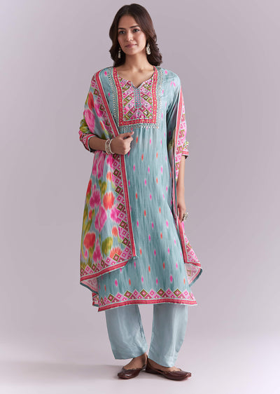 Sky Blue Silk Kurta Set With Ikat Style Print