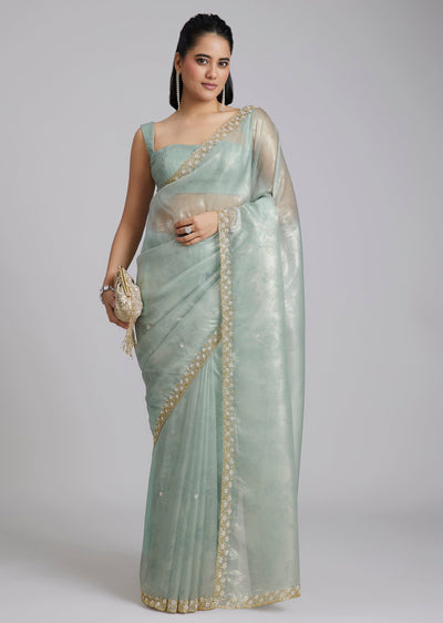 Sky Blue Tissue Saree With Floral Border