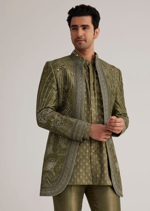 Olive Green Silk Indowestern Suit With Mirror Work
