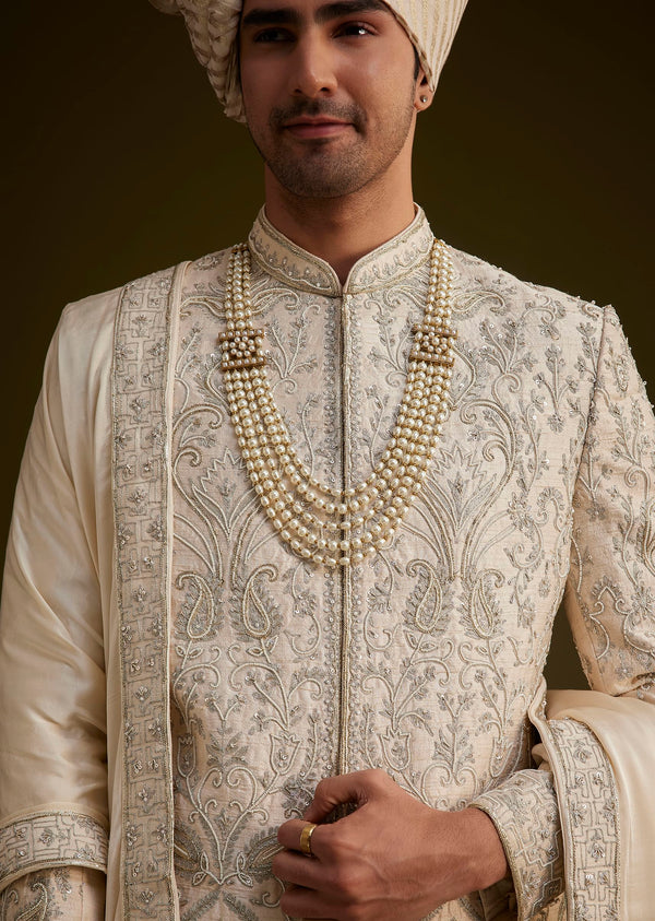 Fawn Silk Sherwani Set With Zardosi Detailing