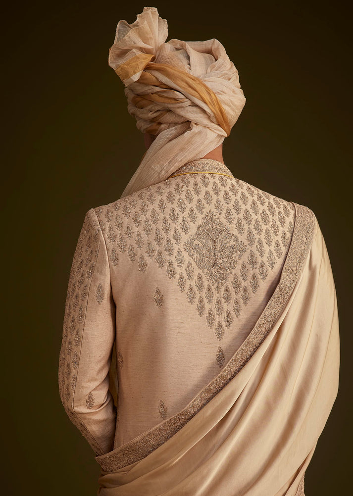 Dark Beige High Collar Silk Sherwani Set main image 1