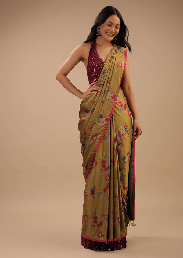 Sulphur Yellow Readymade Saree With Floral Print And Contrast Red Sequins Blouse
