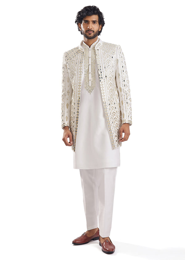 Sunshine Yellow Thread Mirror Groomsman Sherwani