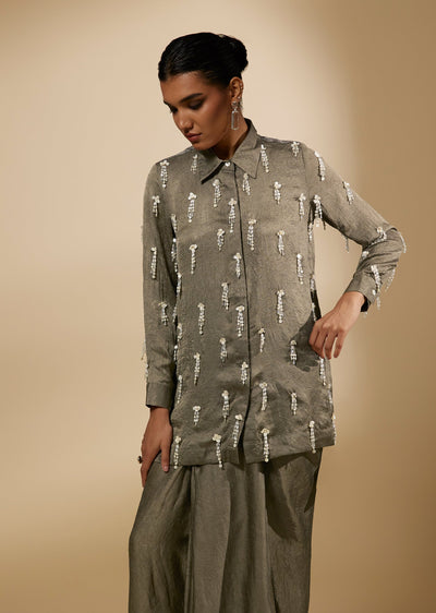 Taupe Embellished Shirt With Wide Leg Pants