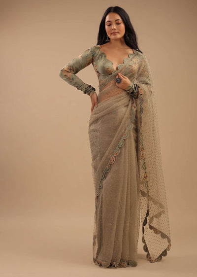tea green organza saree with self buttis-sg107948 2