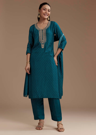 Teal Bandhani Print Silk Kurta Set with Zari Work