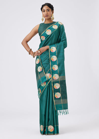 Teal Blue Dola Silk Saree With Resham Border And Unstitched Blouse