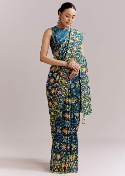 teal-blue-satin-saree-with-ajrakh-print-and-scallop-gota-zari-border-sg351941-1