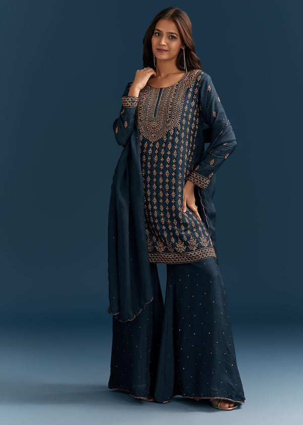 Teal Blue Silk Palazzo Suit With Cut Dana Work And Dupatta
