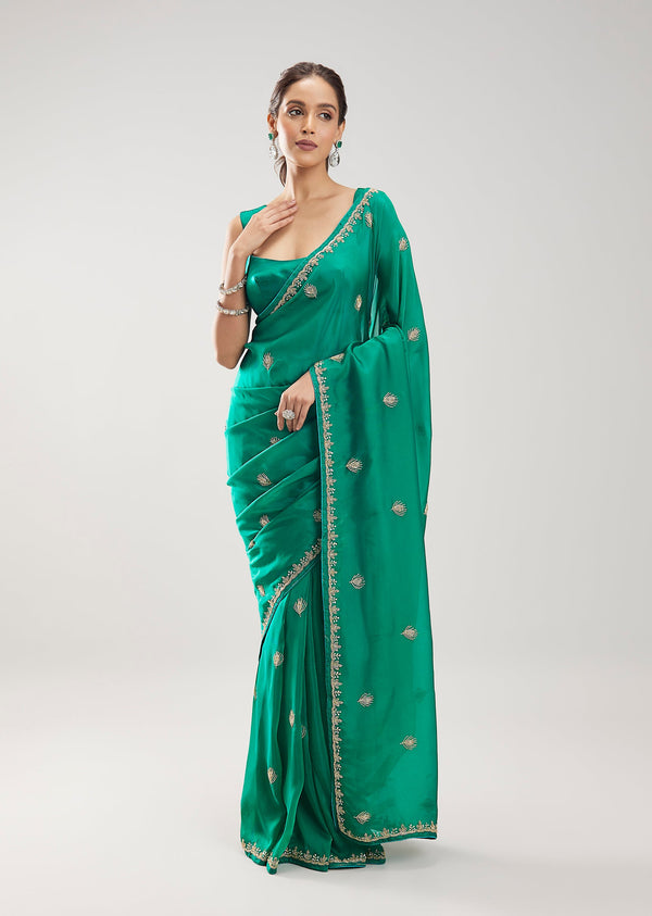 Teal Green Silk Saree With Cut Dana And Sequin Butti Work