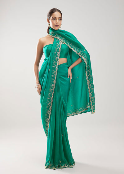 Teal Green Silk Saree With Cut Dana Sequin Butti Work And Embellished Border