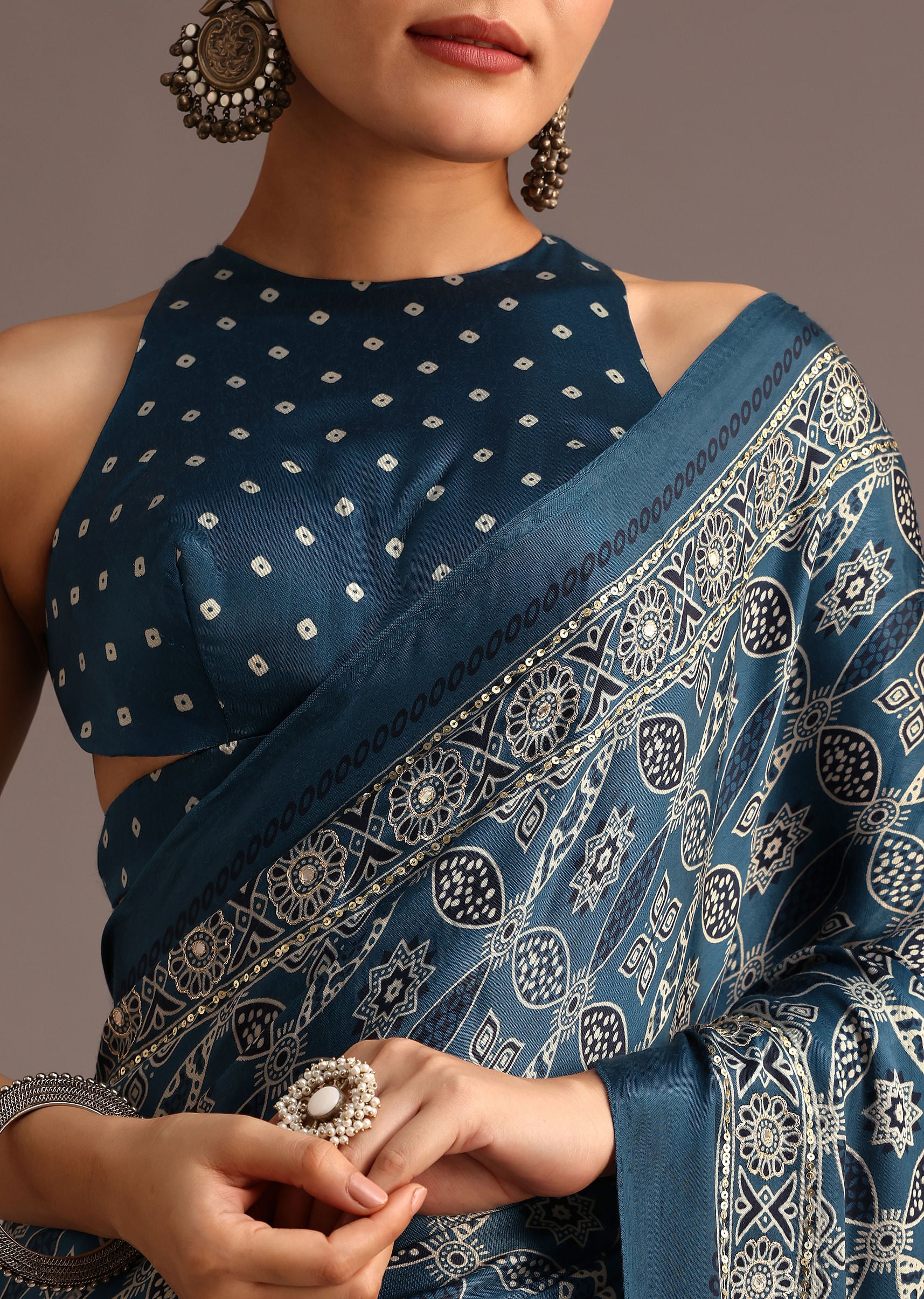 teal-satin-ajrakh-print-saree-with-mirror-embellished-border-and-pallu-sg257826 6