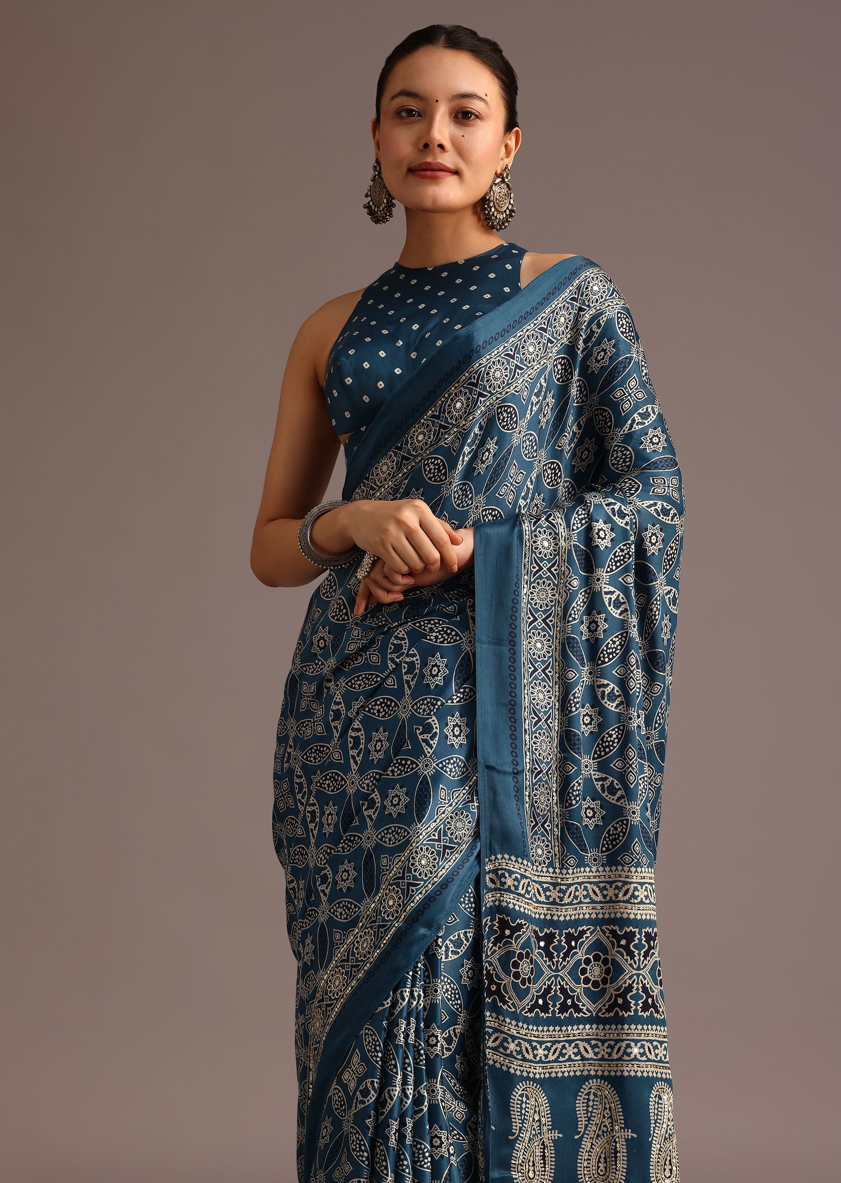teal-satin-ajrakh-print-saree-with-mirror-embellished-border-and-pallu-sg257826 7