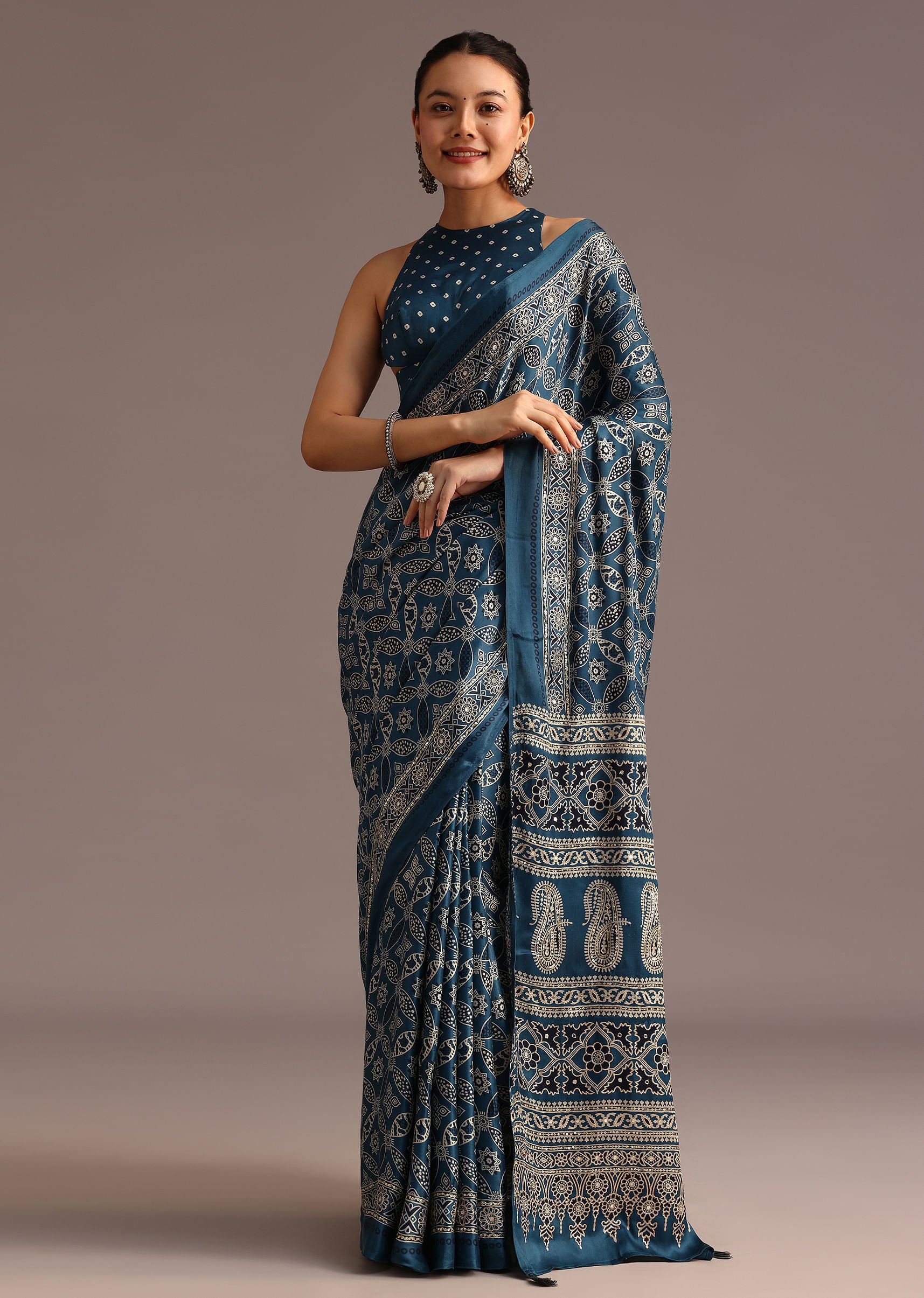 teal-satin-ajrakh-print-saree-with-mirror-embellished-border-and-pallu-sg257826 8