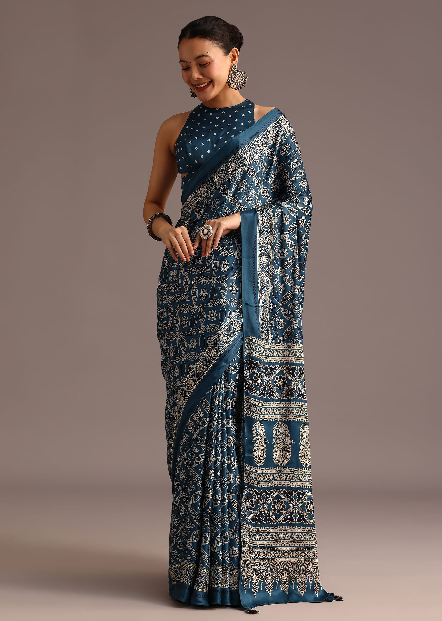 teal-satin-ajrakh-print-saree-with-mirror-embellished-border-and-pallu-sg257826 9