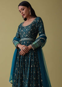 teal blue anarkali suit set in silk-sg153612 2