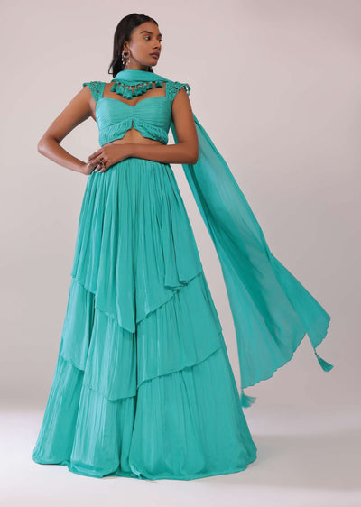 teal blue lehenga and blouse set with embellished-sg149468 2