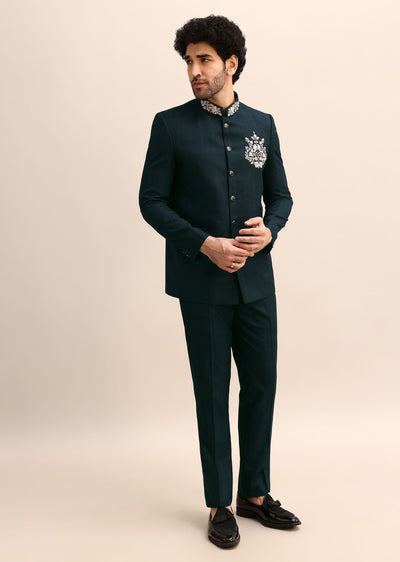 teal blue thread work jodhpuri suit for men-sg228550 3