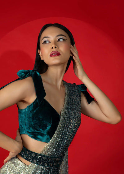teal blue velvet blouse with tie up straps on the shoulder online - kalki fashion sg70060 3