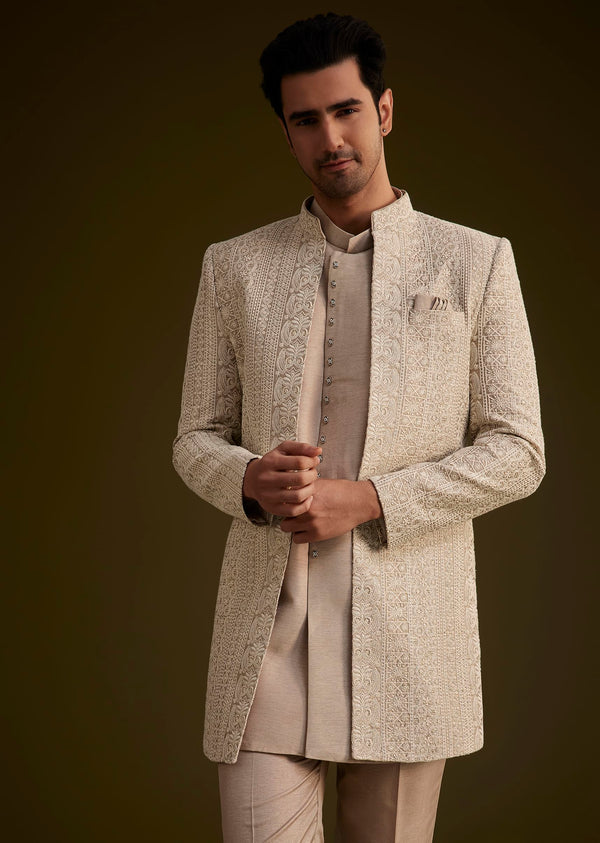 Brown Silk Open Style Sherwani Set With Resham Thread Work