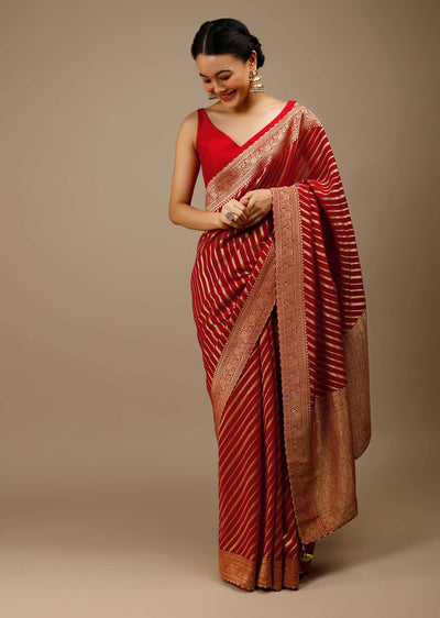 tomato-red-saree-in-georgette-with-brocade-woven-diagonal-stripes-and-floral-border-online-kalki-fashion-j004pf1081y-sg70051 2