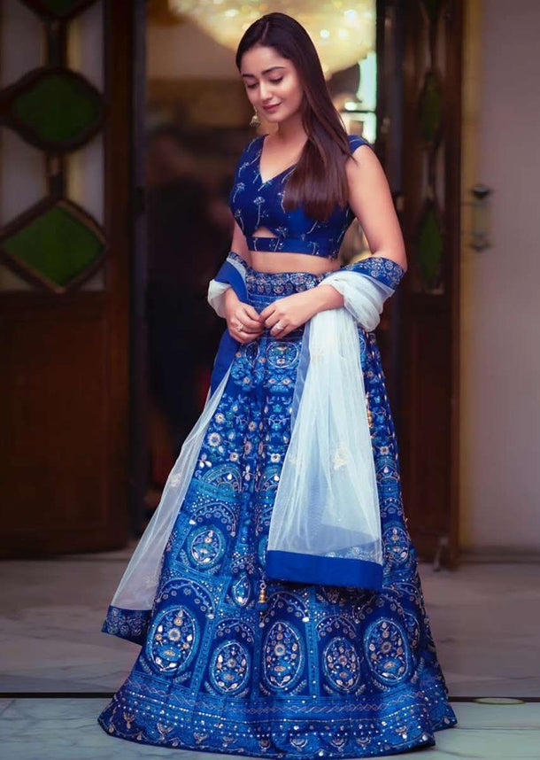 Tridha Choudhury In Kalki Sapphire Blue Lehenga Choli With Foil Print In Framed Floral Motifs And Ethnic Heritage Pattern