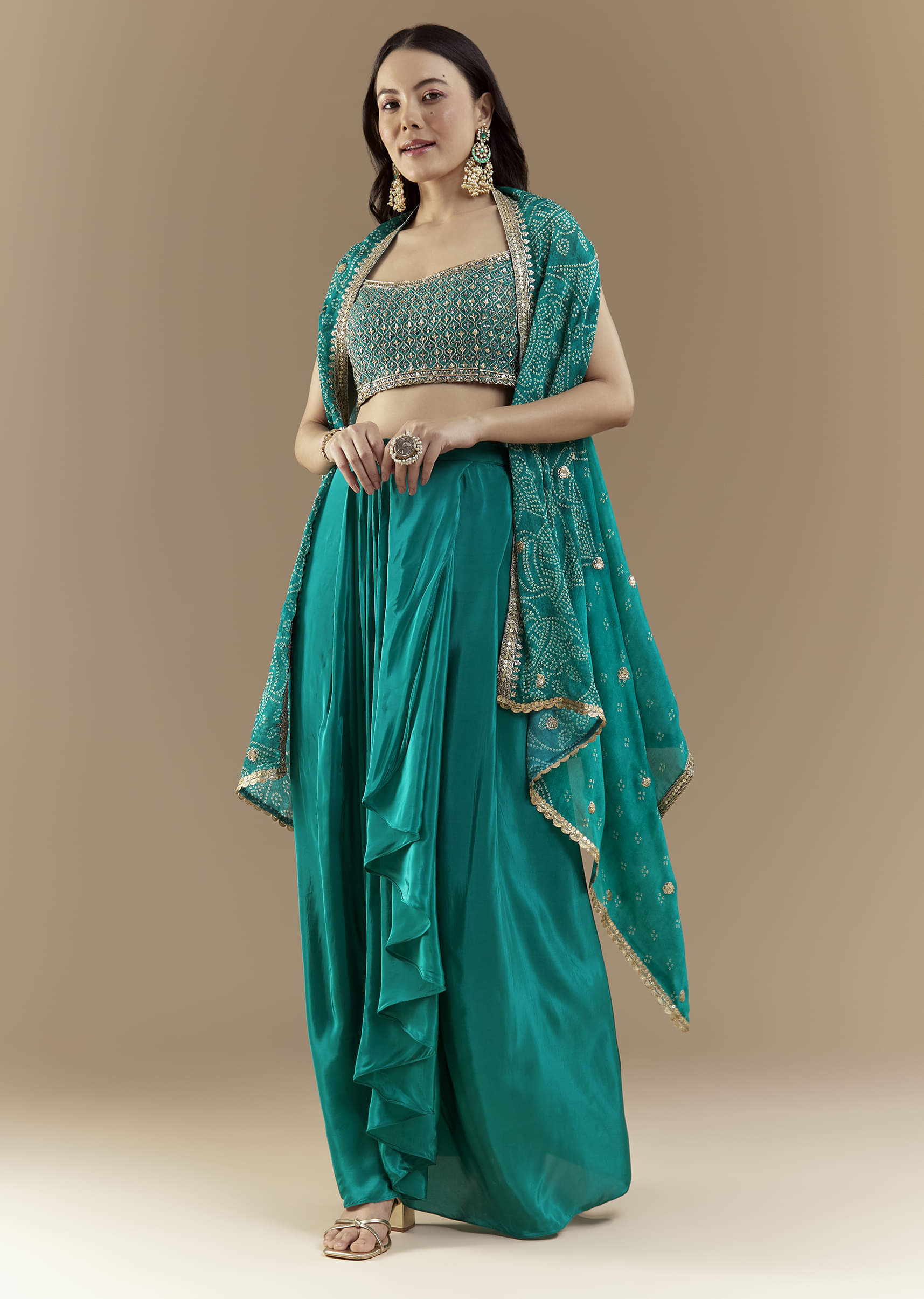 Turquoise Blue Crop Top Skirt Set with Bandhani Cape