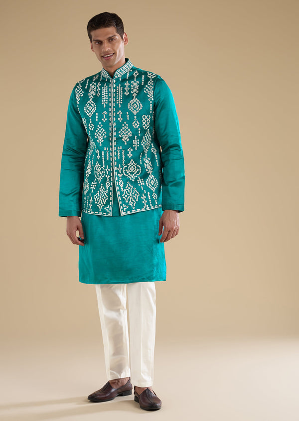Turquoise Blue Embroidered Silk Kurta Jacket Set