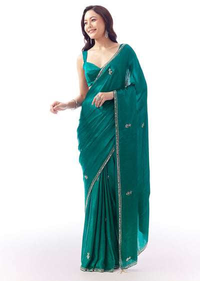 Turquoise Blue Satin Chinon Saree With Mirror And Bead Embroidered Border