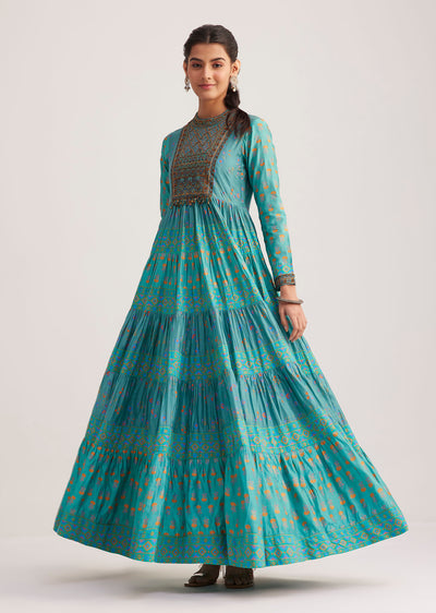 turquoise chanderi kurta with indie print-sg297241 8