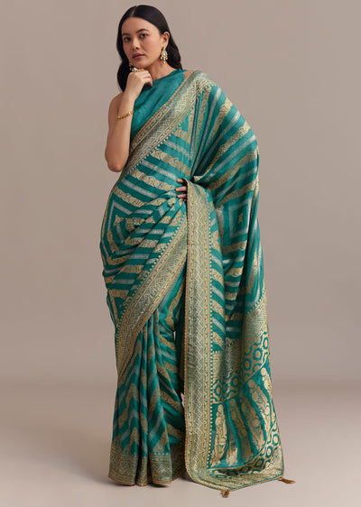 turquoise green dola silk saree with zari weaving-sg262836 7