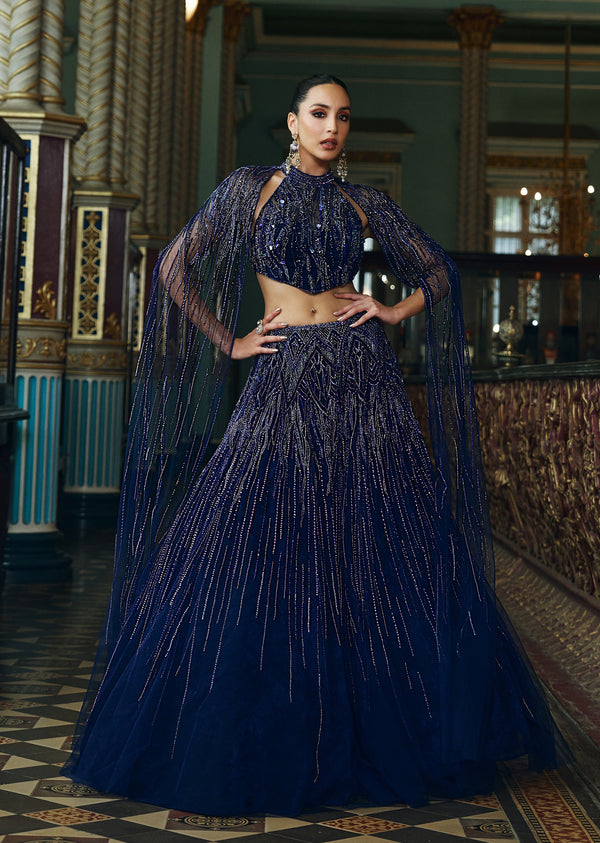 Velvet Hand Embroidered Indo Western Lehenga With Beaded Motifs