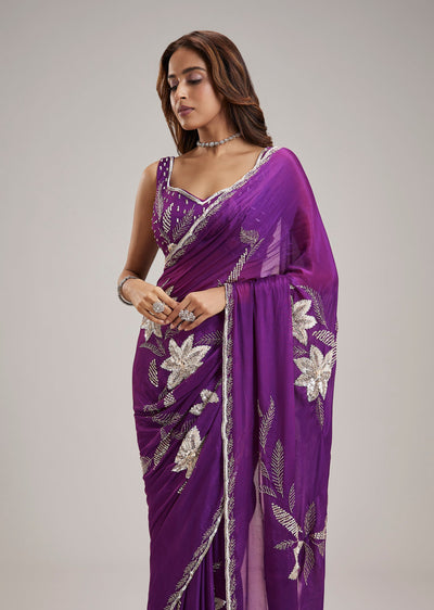 Violet Chinon Saree With Floral Cut Dana And Sequin Jaal Embroidery