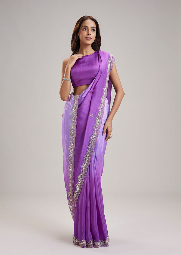 Violet Ombre Organza Saree With Cut Dana And Sequin Embellishments