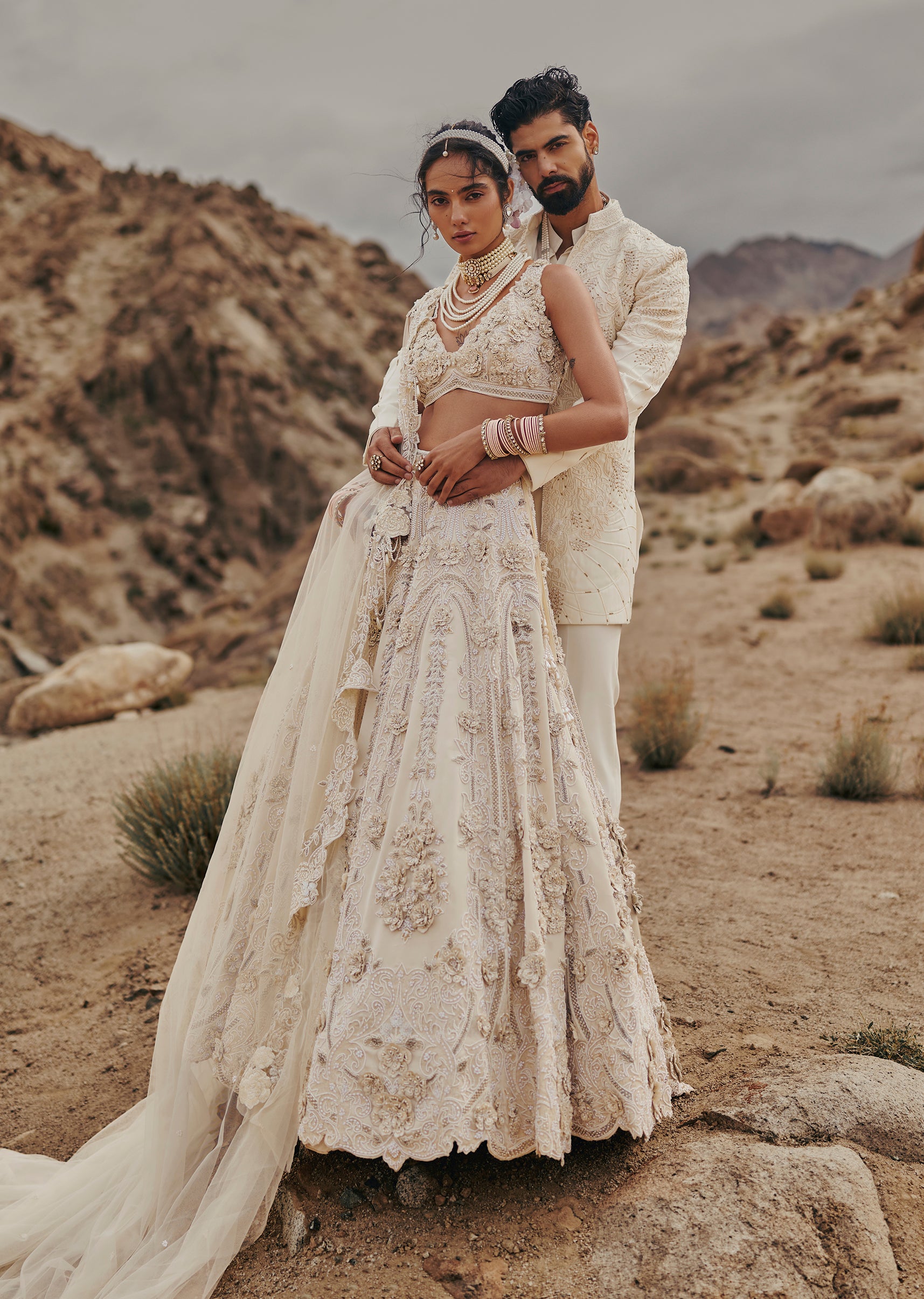 Off White Crystal Embroidered Bridal Lehenga For Her & Satin Embroidered Bandhgala For Him