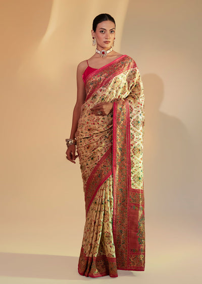 White And Pink Zari Woven Saree