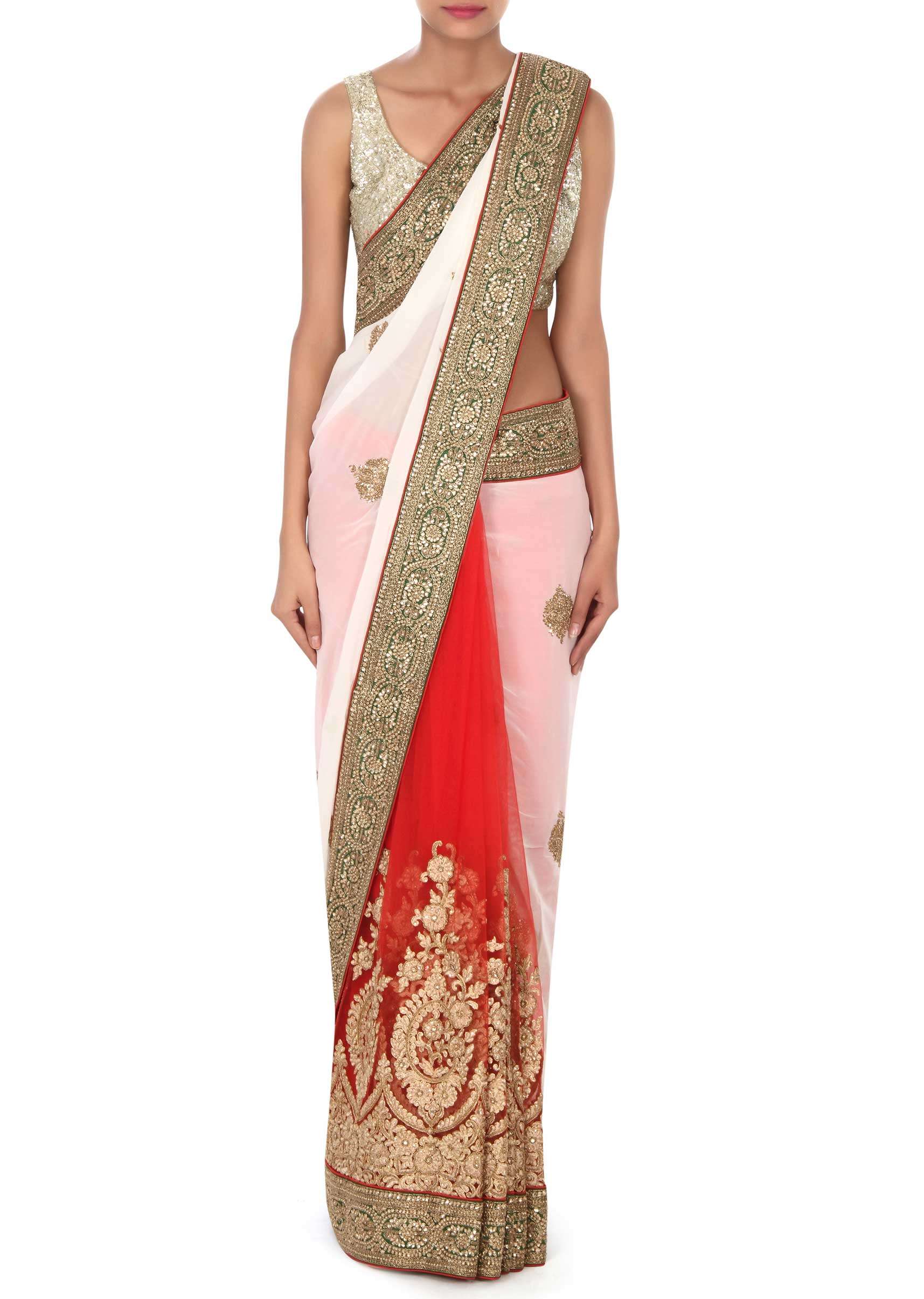 White and red saree in moti embroidery only on Kalki - KALKI Fashion India