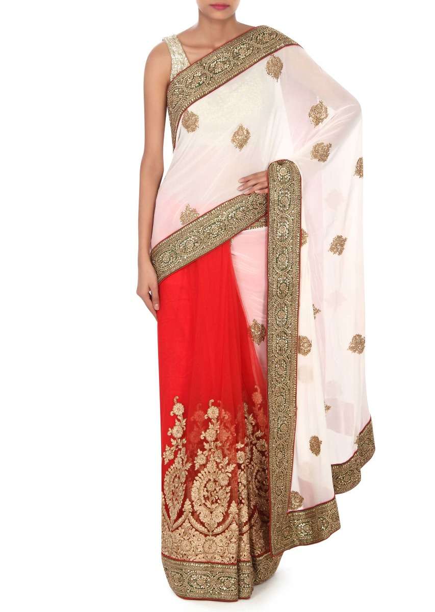 White and red saree in moti embroidery only on Kalki - KALKI Fashion India